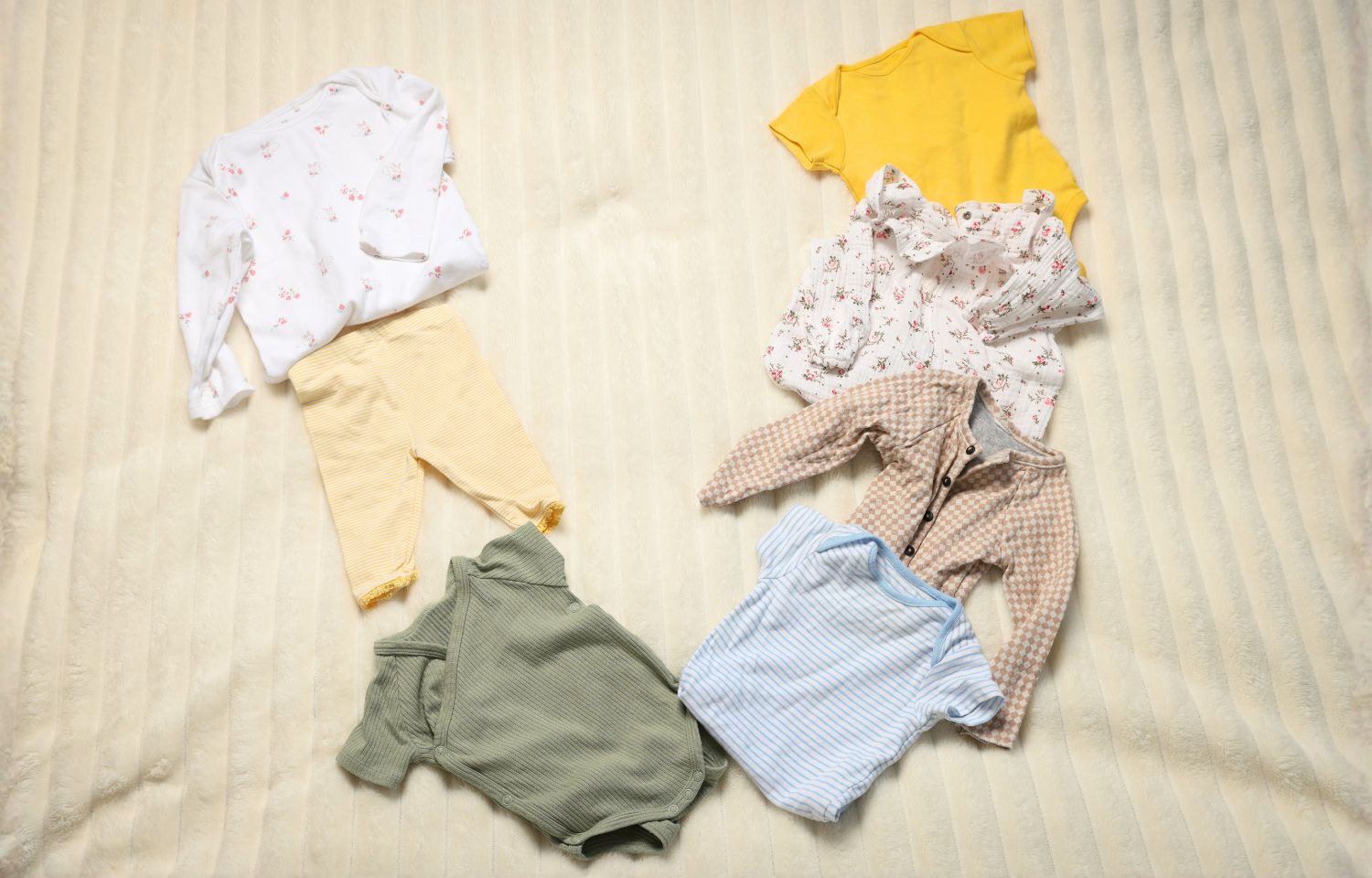 A selection of outgrown baby clothes laid out on a bed, ready to be repurposed or passed on
