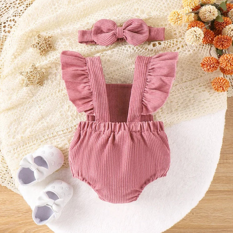 Pink Bunny Corduroy Romper with ruffle sleeves and matching headband, perfect for baby Easter outfits.