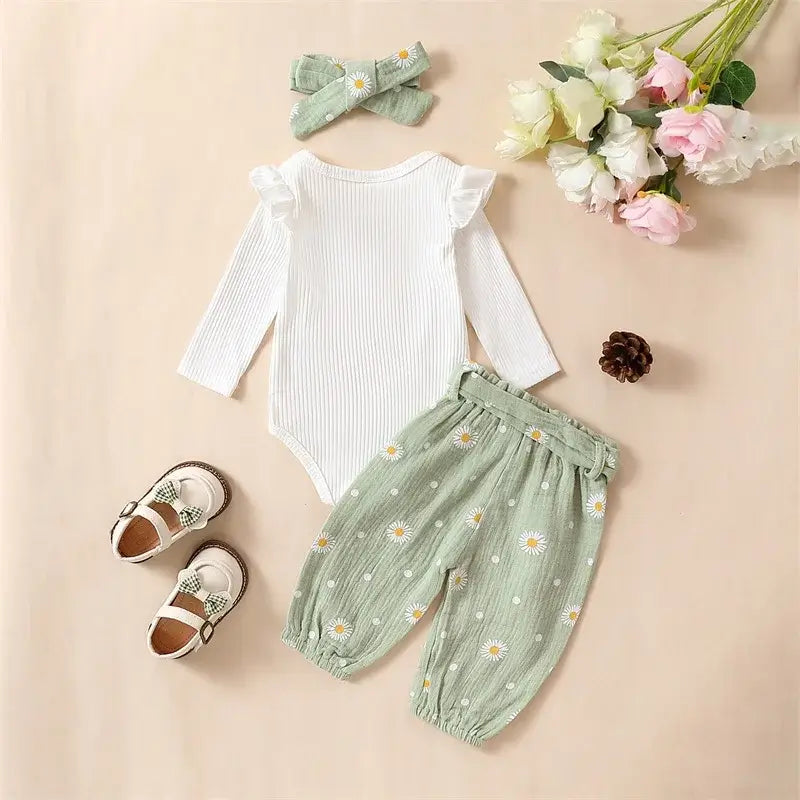 Daisy Muslin Baby Outfit Green | Baby Girl Romper, Pants & Headband Set - Lulu Babe