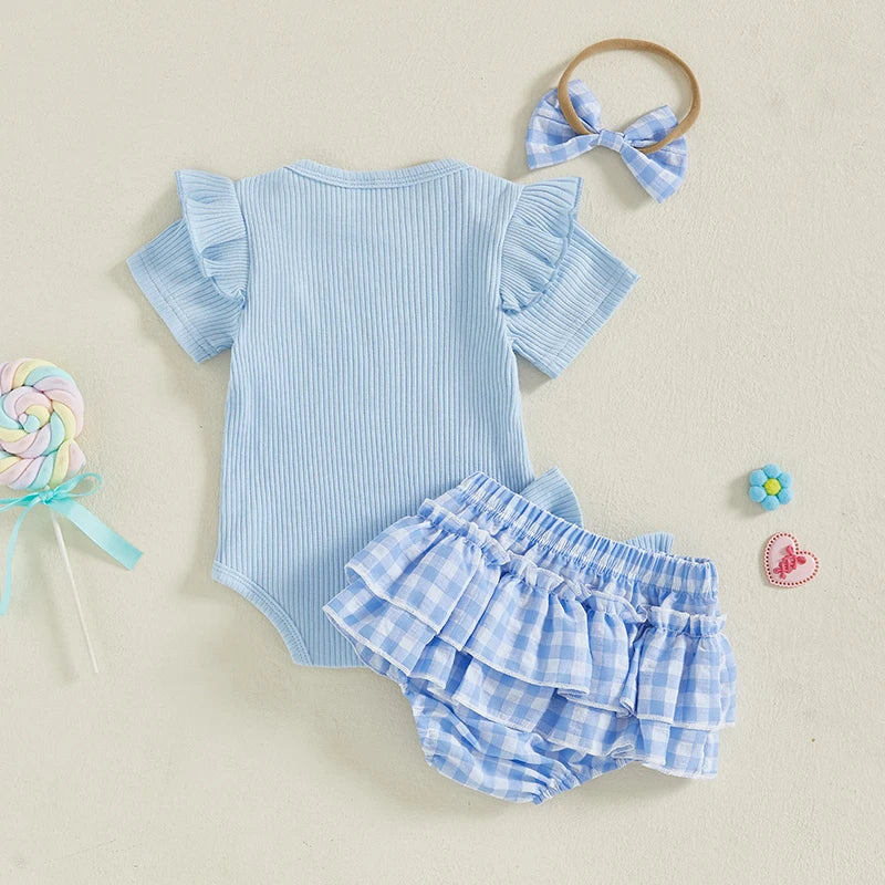 Auntie's Bestie Ruffle Baby Girl Set in blue, rear view
