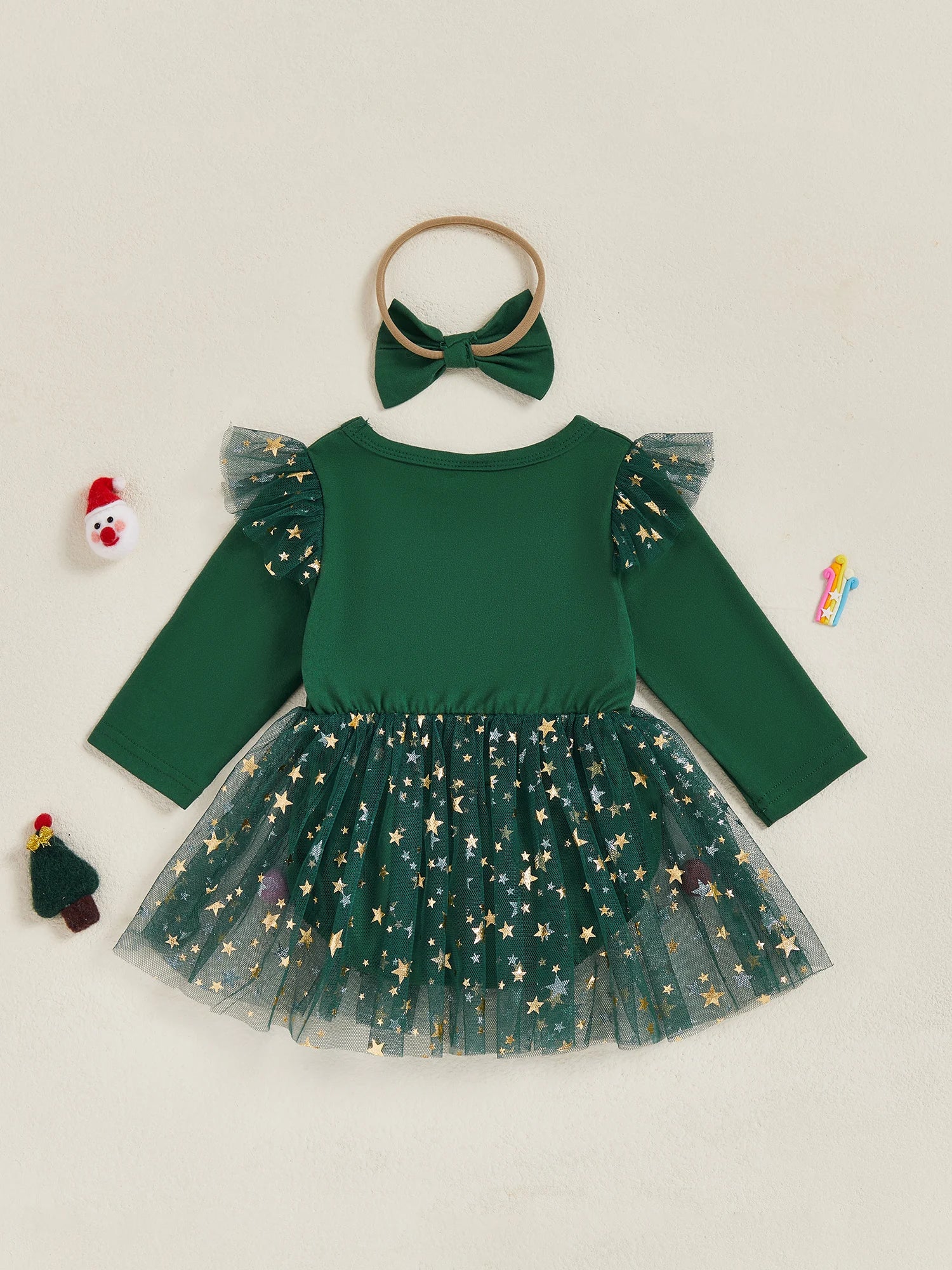 My 1st Christmas Star Tutu Dress for baby girls, featuring a green bodice and glittery star mesh tutu, perfect for first Christmas outfit.