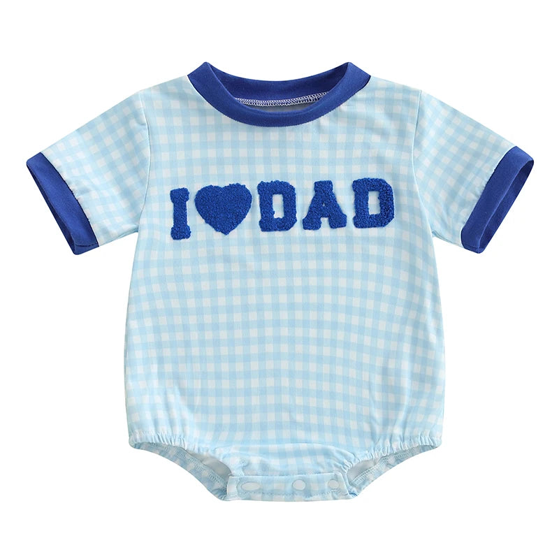 I Love Dad blue gingham romper for boys with embroidered design and snap buttons for easy changes.