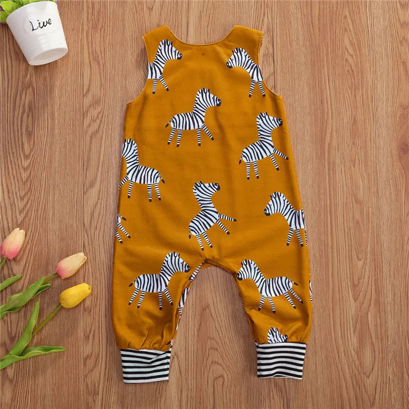 Mustard zebra onesie for babies and toddlers, featuring sleeveless cut and striped cuffs, perfect for warm weather.