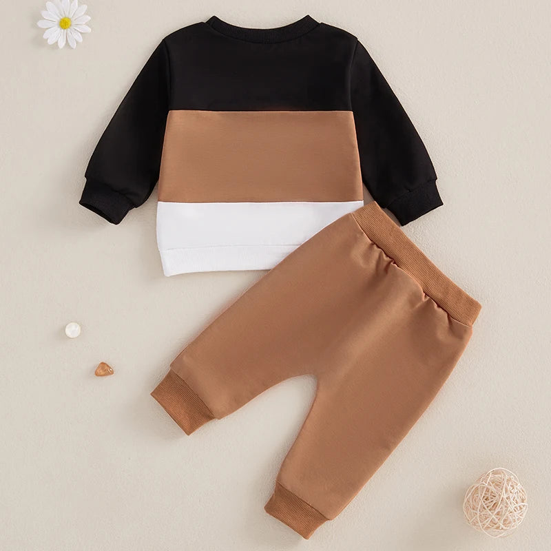 Cousin Crew Trackie Set for babies, featuring a colour-block long-sleeve top and matching brown trousers.