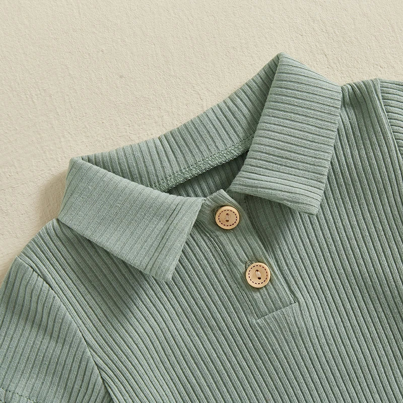 Waffle Polo Shorts Set in Sage Green with a ribbed texture and button details, perfect for babies 0-18 months.