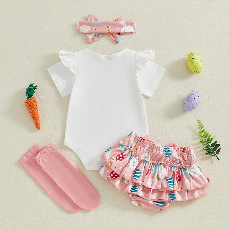 My first Easter bodysuit, ruffle bloomers, headband and socks for baby girls in pink - back view