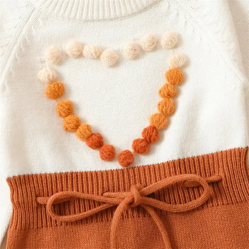 Emily Knit Baby Girl Romper Cinnamon | Winter Romper with Pom Pom Heart - Lulu Babe