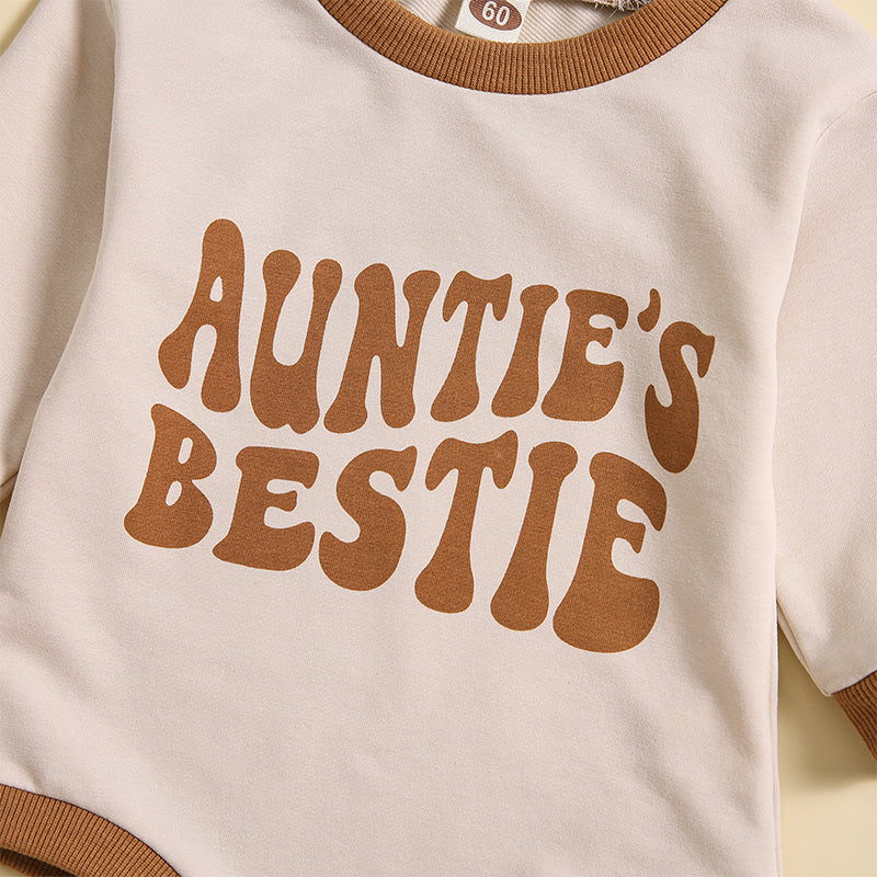 Auntie's Bestie Romper featuring fun retro lettering for babies 0 to 18 months