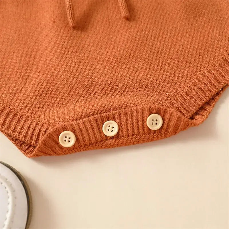 Emily Knit Baby Girl Romper Cinnamon | Winter Romper with Pom Pom Heart - Lulu Babe