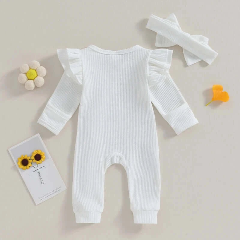 Whitney Ruffle Zipper Baby Onesie in white | Newborn Coming Home Outfit - Lulu Babe