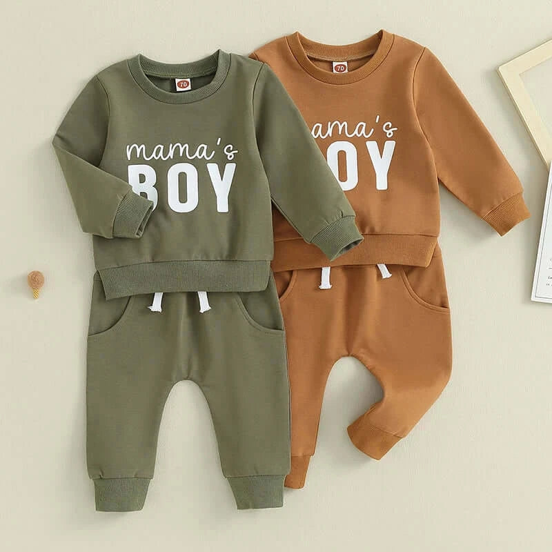 Mama's Boy Baby Outfits in khaki and brown