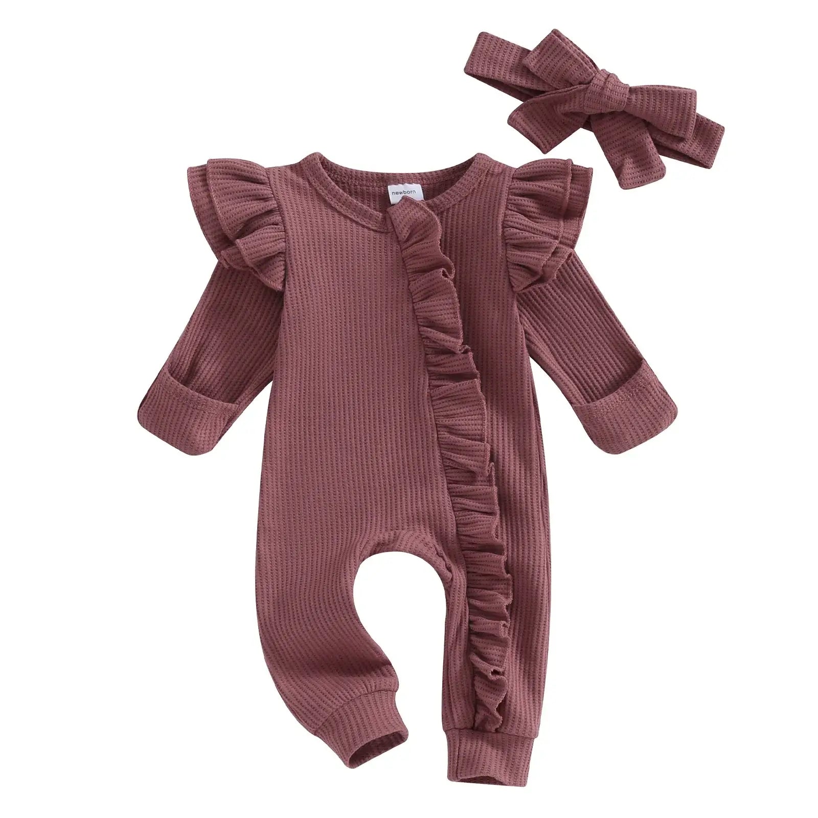 Whitney Long-Sleeve Ruffle Newborn Baby Onesie with zip closure in plum, with matching headband