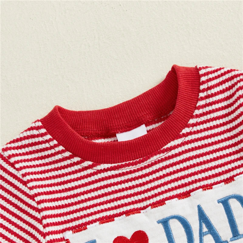 Close-up of I Love Dad Red Stripe Baby Romper with red and white stripes