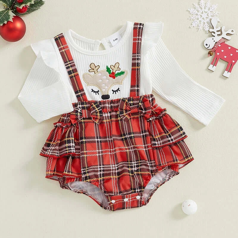 Plaid Reindeer Baby Girl Romper | Adorable Christmas Outfit (in 0-3 months, 3-6 months, 6-9 months, 6-12 month &  12-18 months)