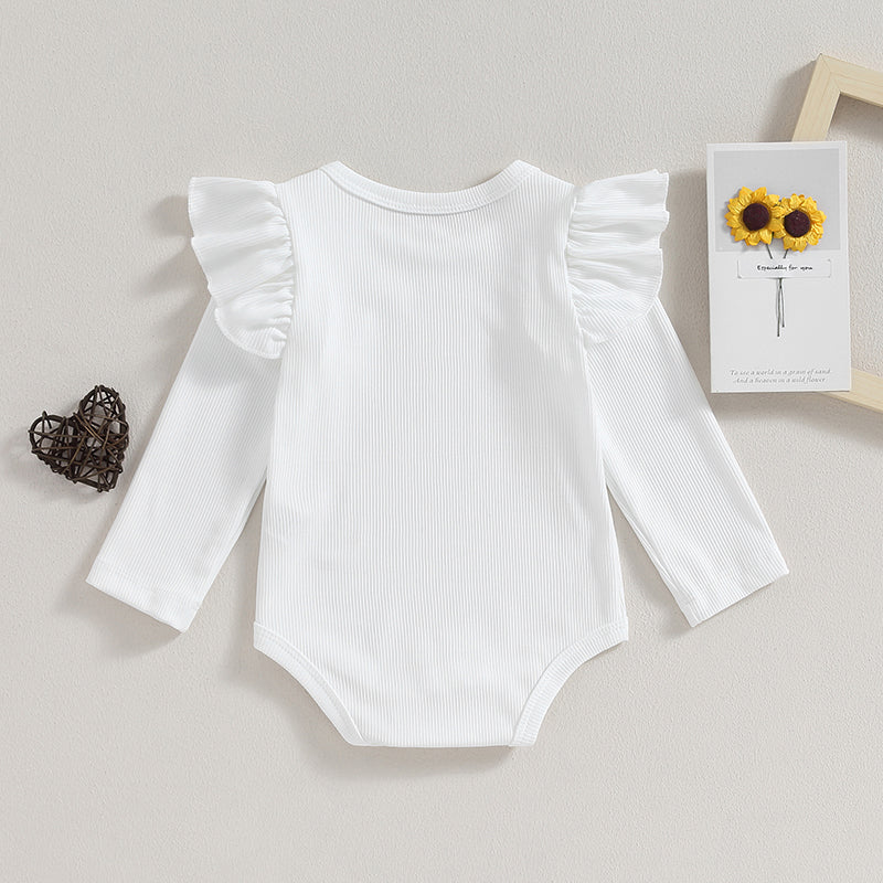 Back view of white long sleeve ruffle romper for baby girls