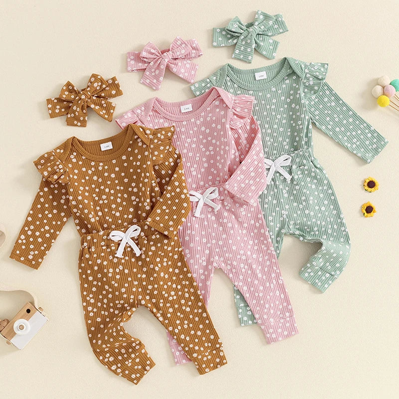 Daisy Mae Floral Set in brown, green, and pink for baby girls, featuring a floral design and ruffled shoulders.