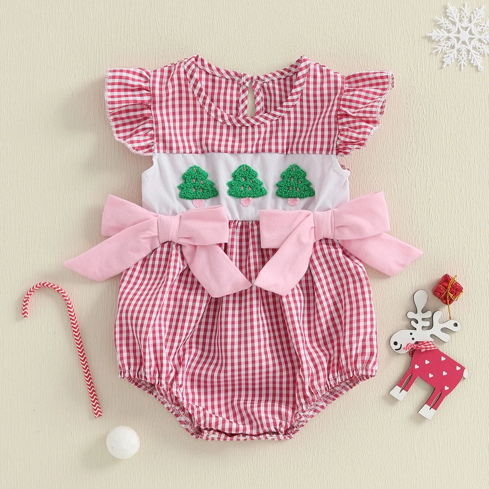 Gingham Christmas Tree Romper for baby girls featuring red and white checks and embroidered green trees, perfect for festive occasions.