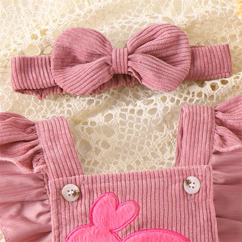 Pink Bunny Corduroy Romper with matching bow headband for baby Easter celebrations