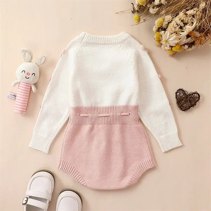 Emily Knit Baby Romper Pink | Winter Romper with Pom Pom Heart - Lulu Babe