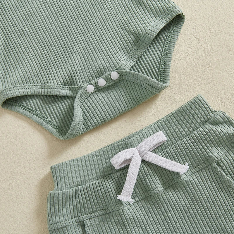Waffle Polo Shorts Set featuring sage green waffle knit romper and shorts, perfect for babies 0–18 months.