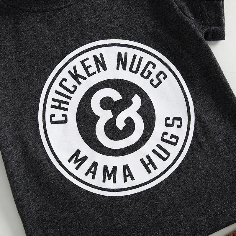 Dark grey toddler tee with 'Chicken Nugs & Mama Hugs' slogan in white, perfect for playtime and cuddles.