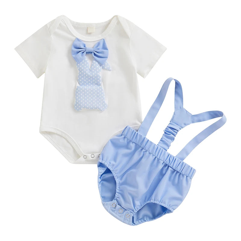 Baby boy Easter outfit with blue suspender bloomers and bodysuit with attached bowtie