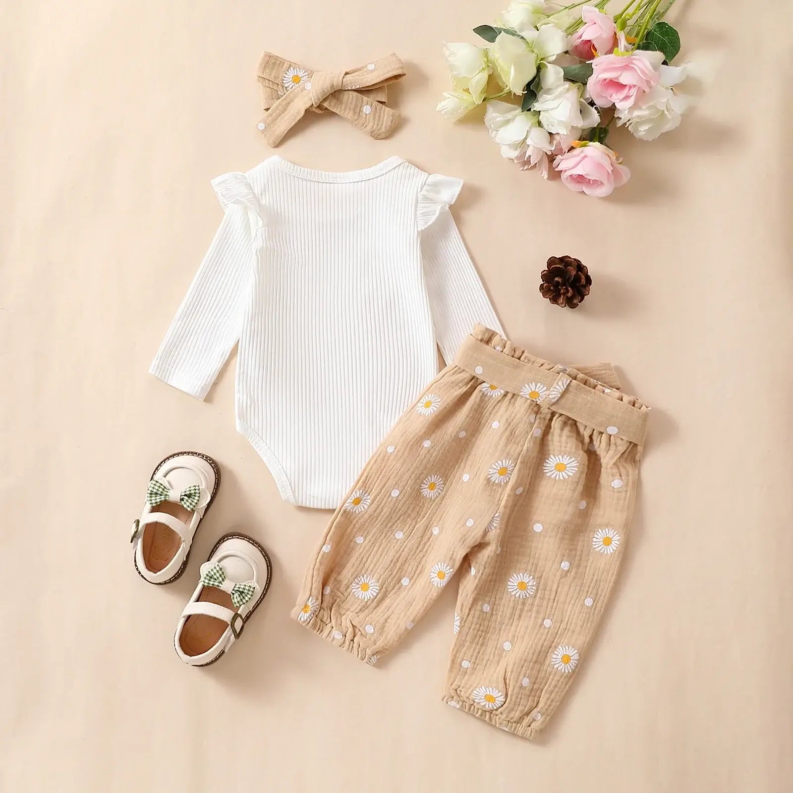 Daisy Muslin Baby Outfit in Beige | Baby Girl Romper, Pants & Headband Set - Lulu Babe