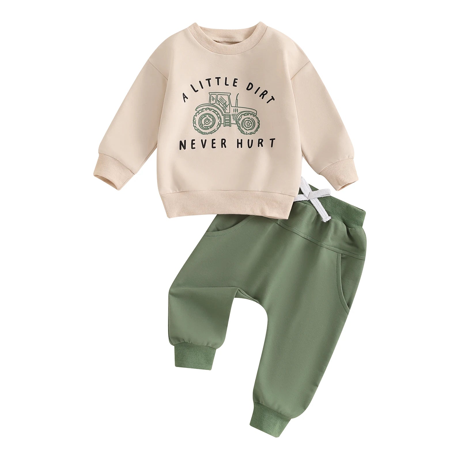 A Little Dirt Never Hurt baby outfit set in beige with a tractor print pullover and green tracksuit bottoms,.