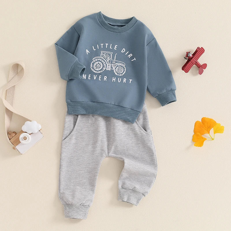 A Little Dirt Never Hurt toddler outfit set in blue and grey - laid flat