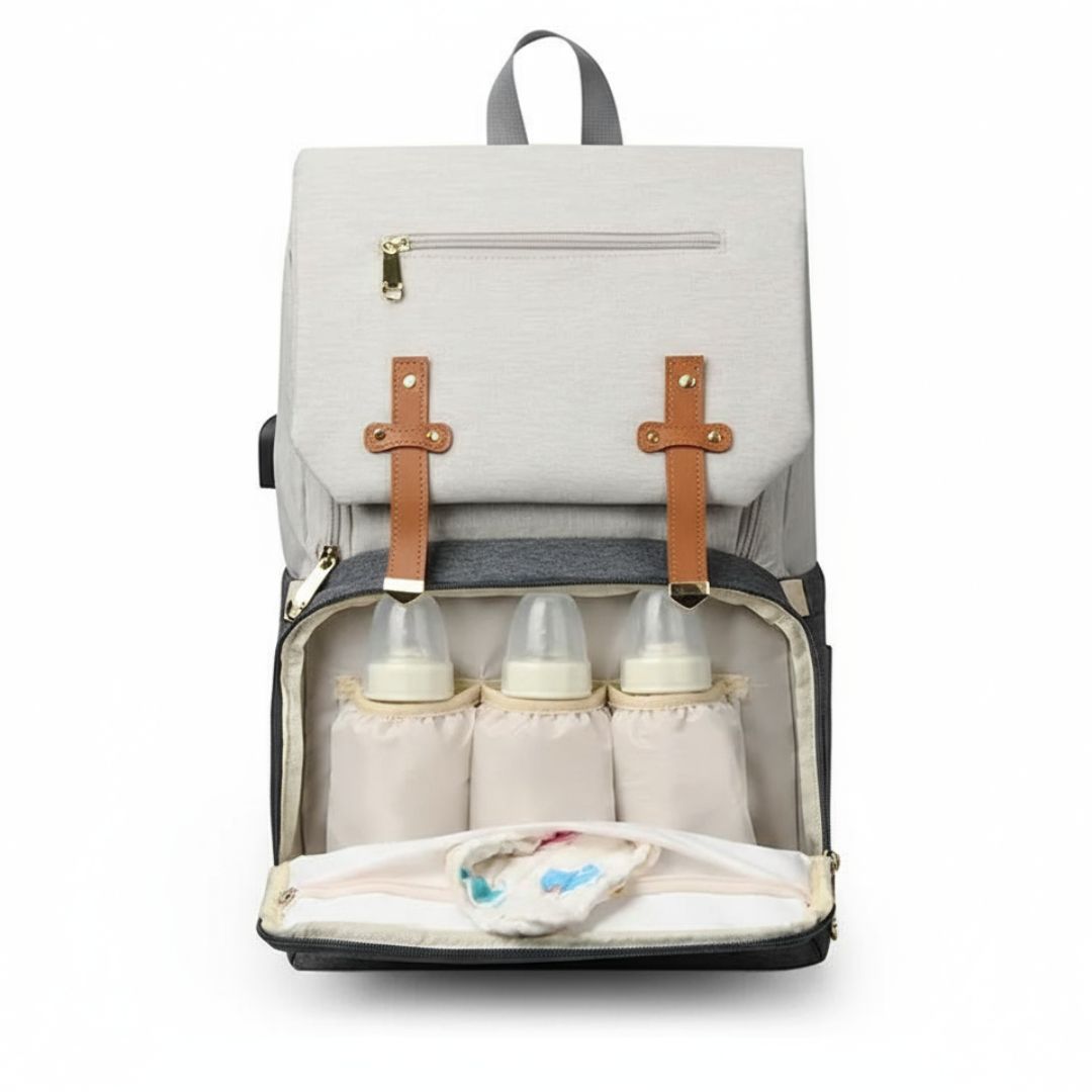 Amalfi nappy backpack with front insulated bottle pockets in white and grey