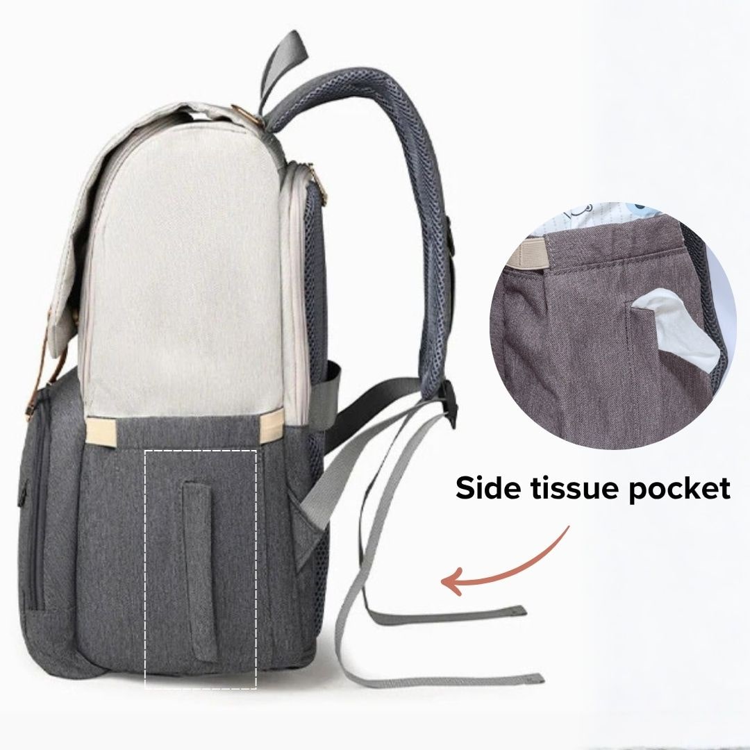 Amalfi Nappy Backpack side tissue pocket for easy access during outings.
