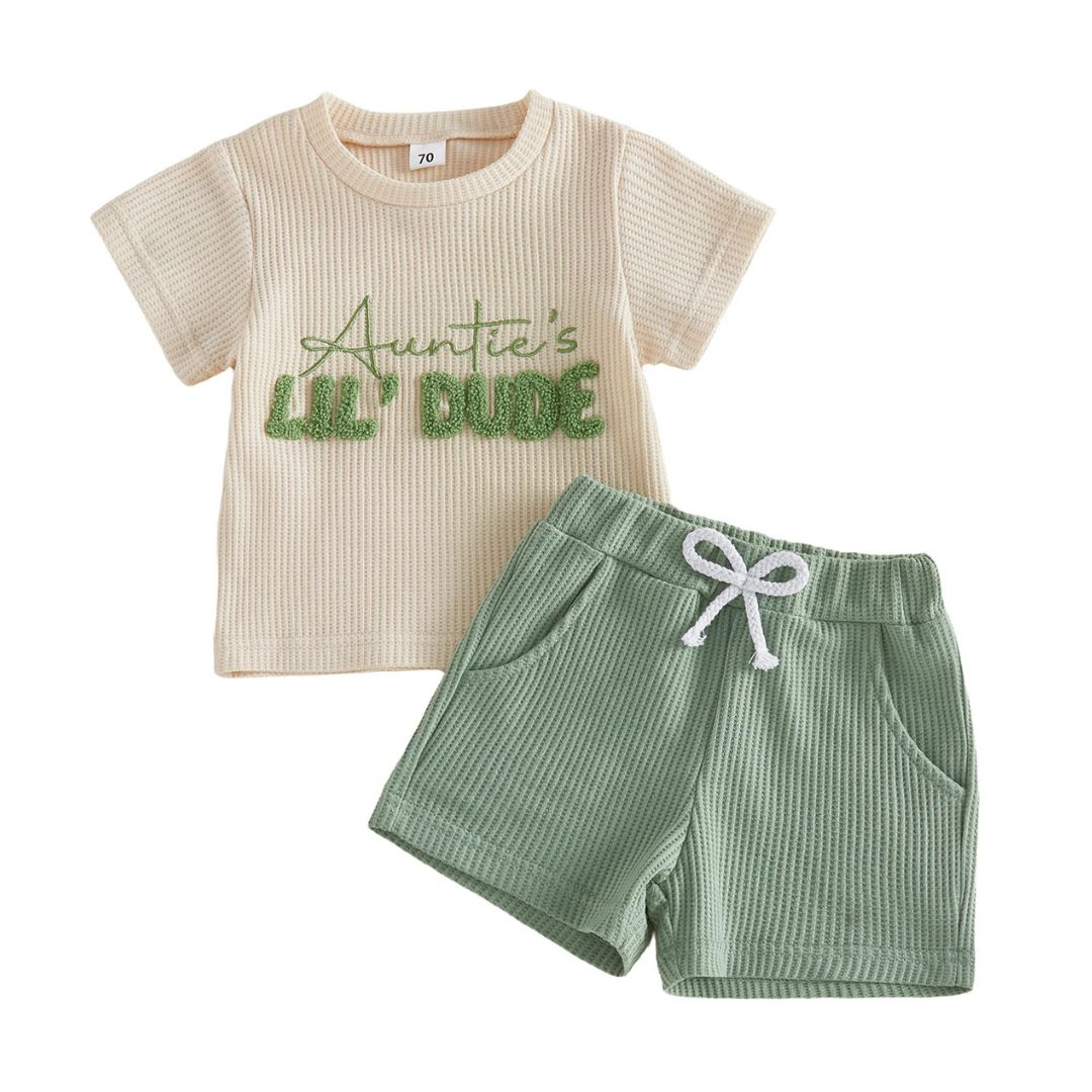 Auntie's Lil Dude baby outfit with cream tee and green shorts