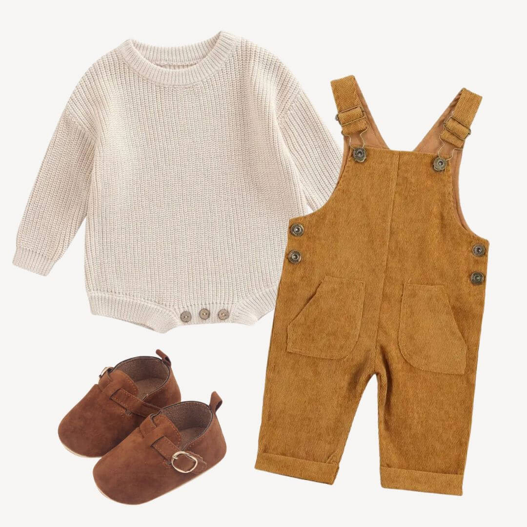 Corduroy baby overalls styled with chunky knit romper and suede loafers from Lulu Babe