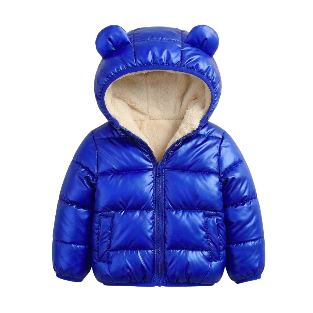 Royal blue glossy quilted baby puffer jacket with bear ear hood and cream fleece lining