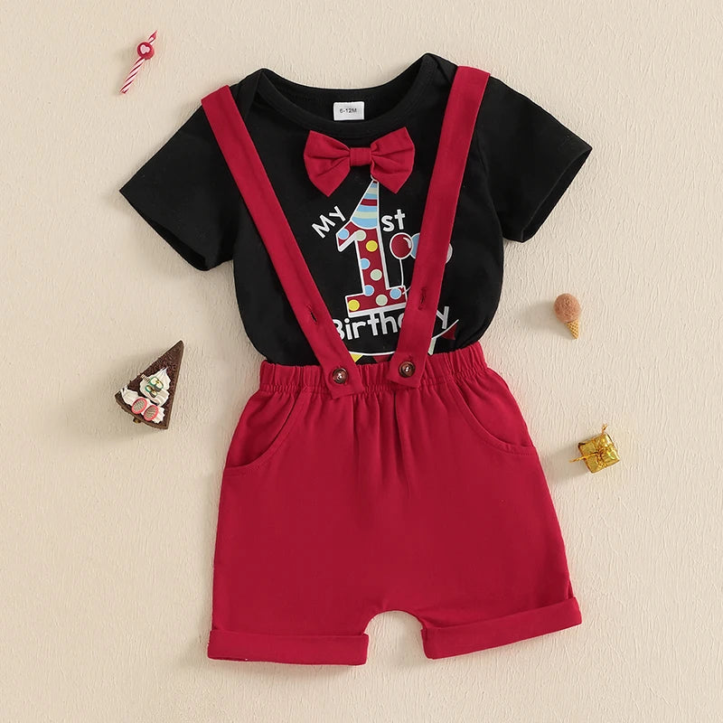 Baby boy first birthday outfit with bow tie and red suspender shorts - back view
