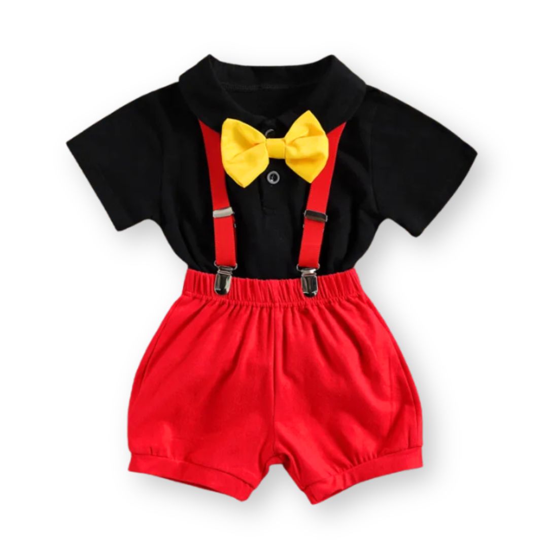 Baby boy black and red suspender outfit with yellow bow tie