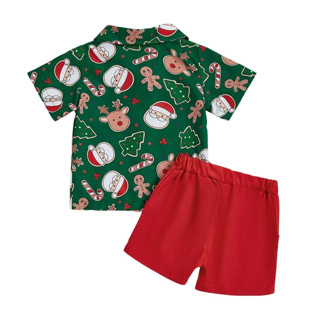 Back view of Christmas baby boy outfit set with santa and gingerbread man print