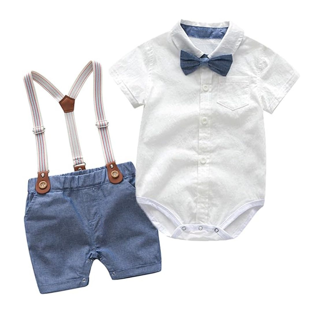 Baby boy formal outfit including collared onesie with bow tie, blue shorts and suspenders
