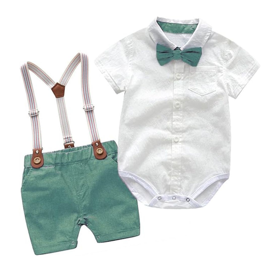 Baby boy outfit including collared onesie with bow tie, green shorts and suspenders