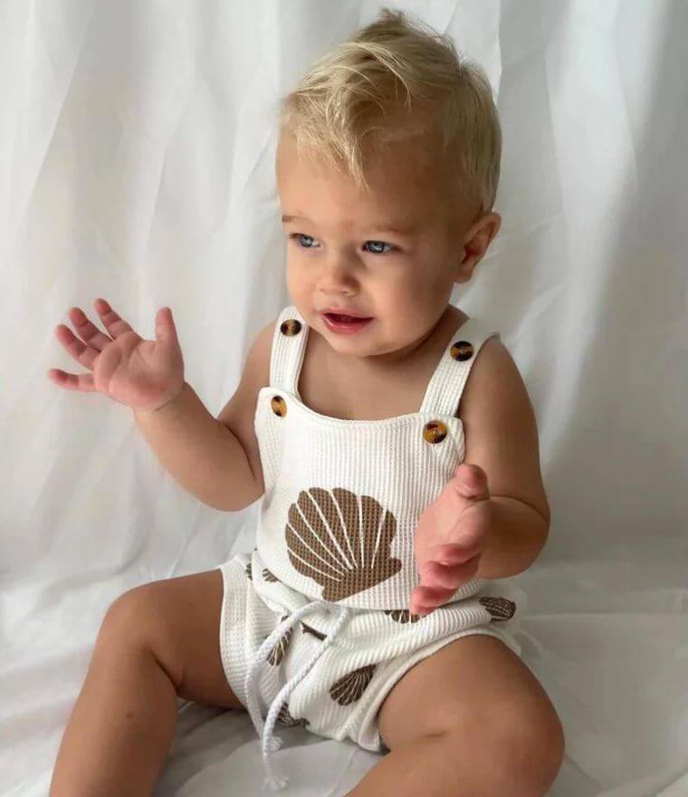 Baby girl wearing Seashell Waffle Shorts Outfit (in 0-3 months, 3-6 months, 6-12 month &  12-18 months)