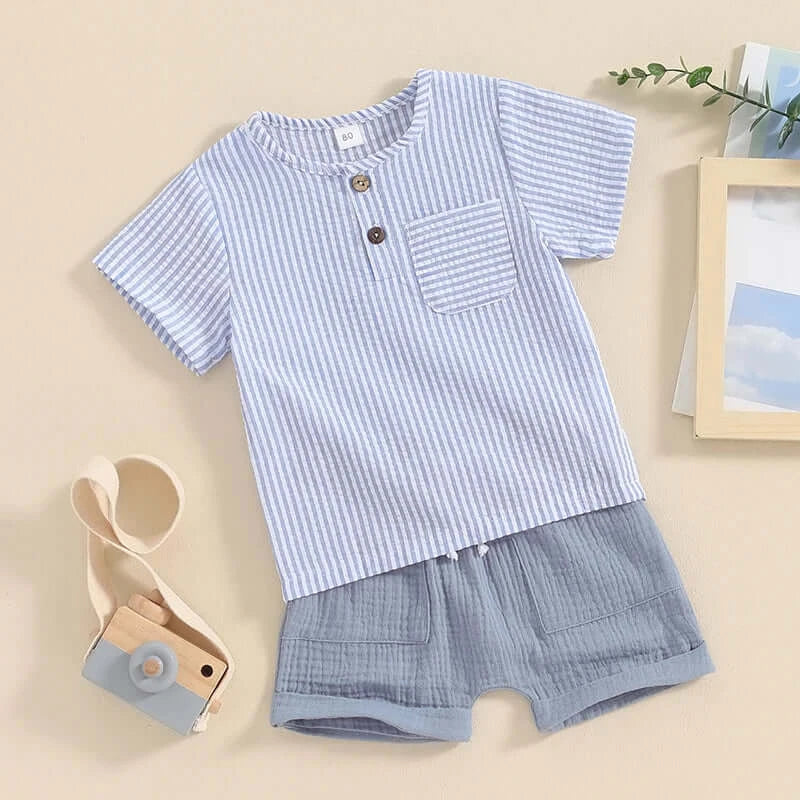 Baby boy outfit set with blue striped button shirt and shorts with pockets