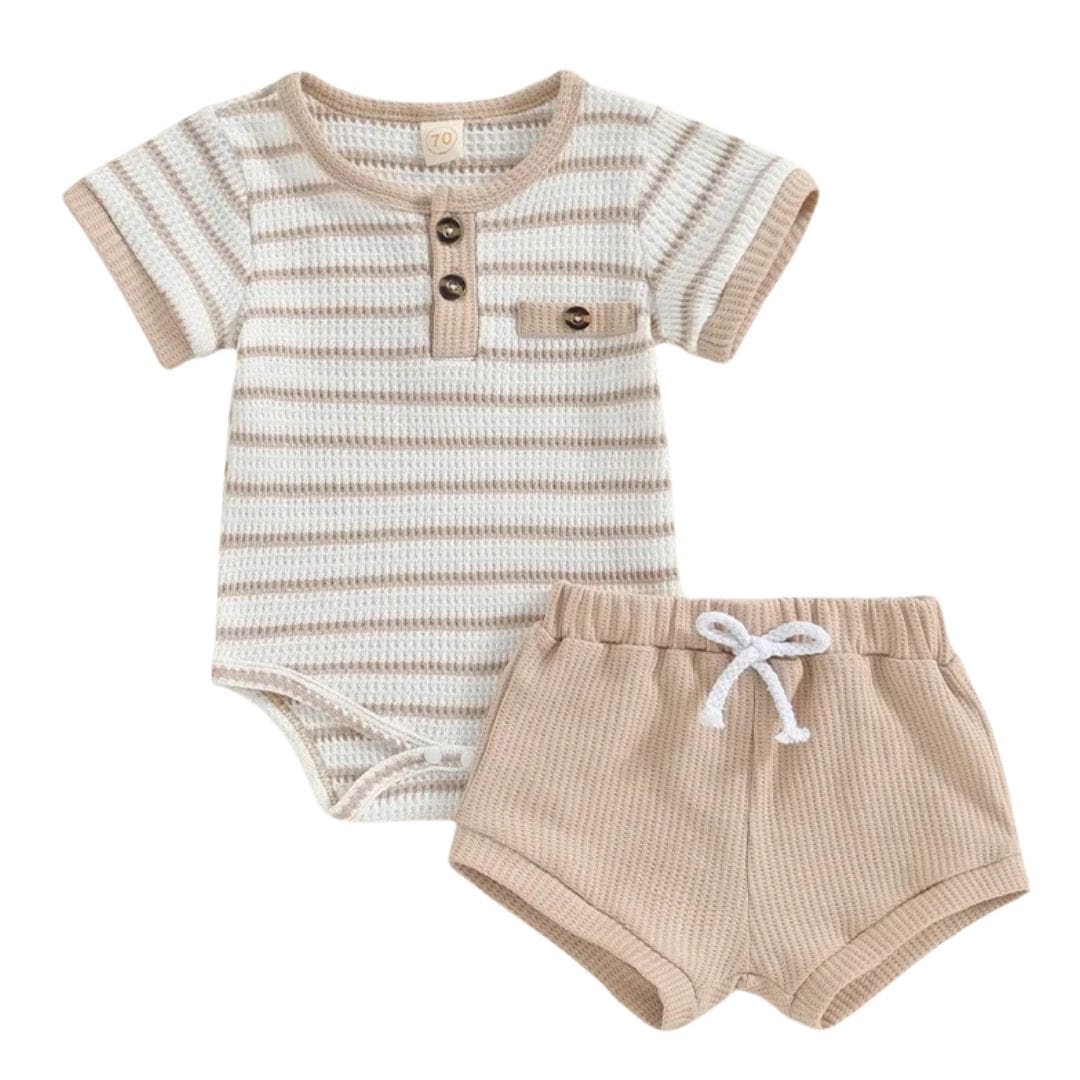 Beige striped waffle knit baby romper with matching shorts