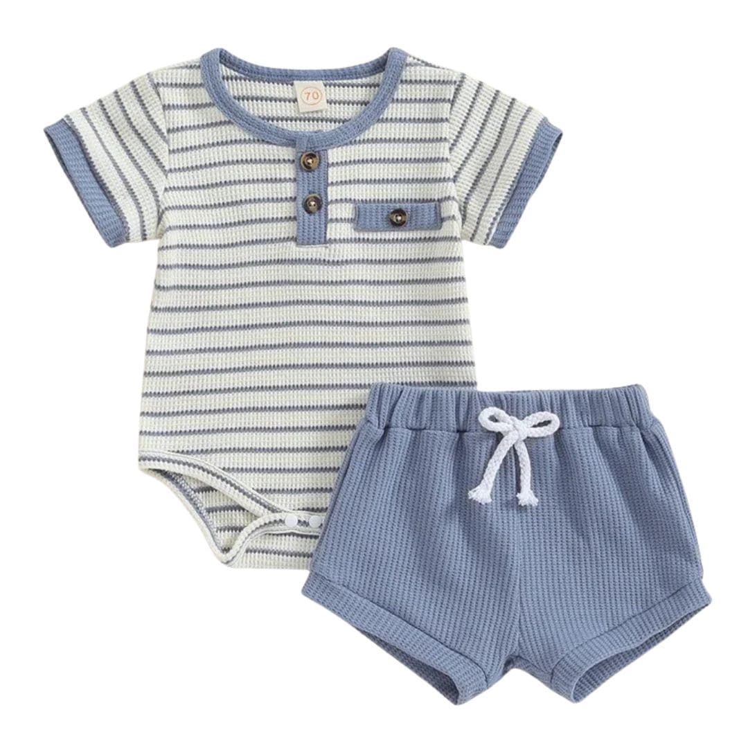 Blue and white striped waffle knit baby romper with matching blue shorts