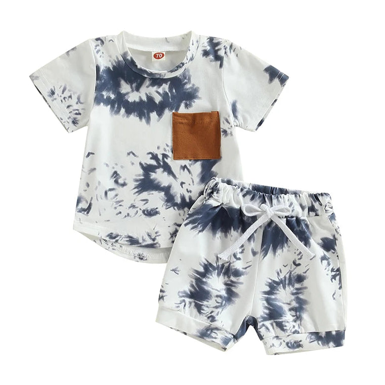 Baby Boy Tie Dye Shorts Set in blue and white with short-sleeve tee and matching shorts