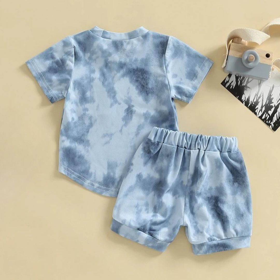 Back view of a blue Tie Dye Shorts Set with a short-sleeve tee and elastic-waist shorts