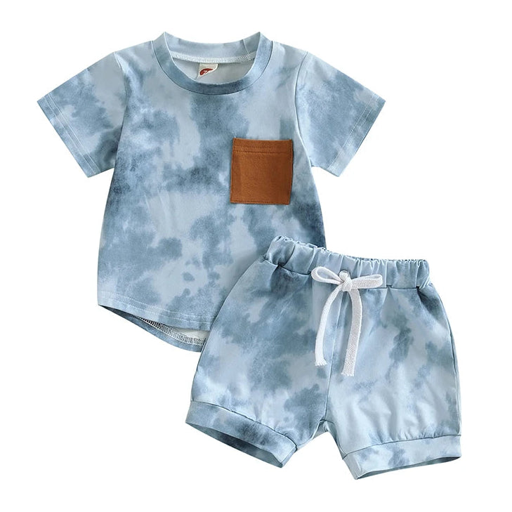 Tie Dye Baby Boy Shorts Set featuring a light blue tee with chest pocket and matching shorts