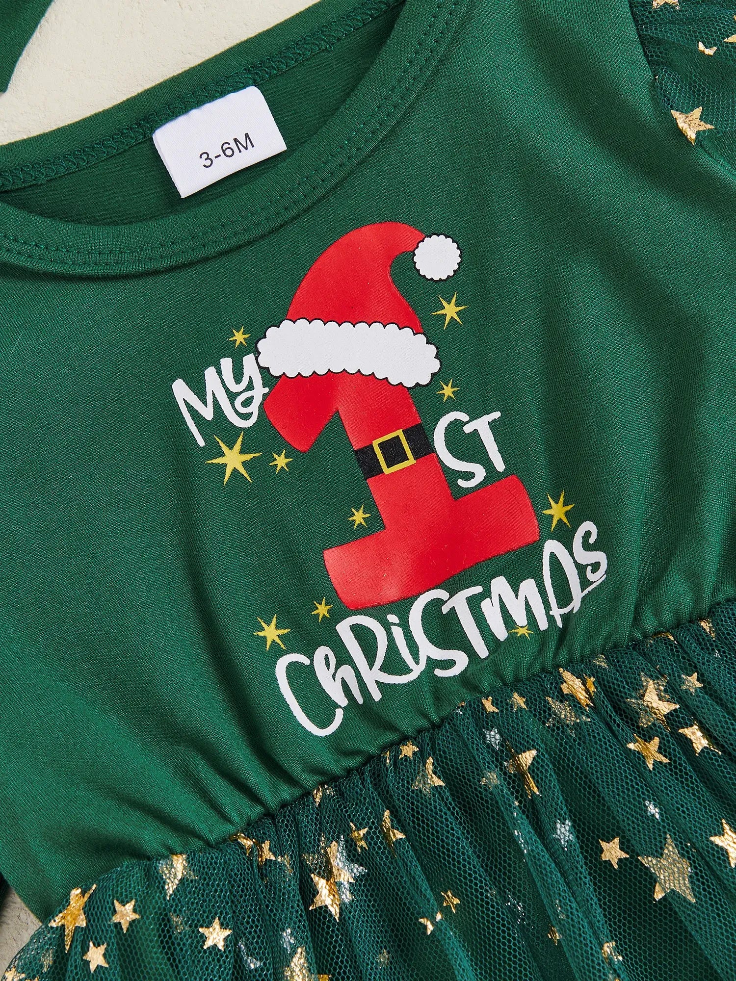 My 1st Christmas Star Tutu Dress for baby girls, festive green with Santa hat print and glittery star tutu
