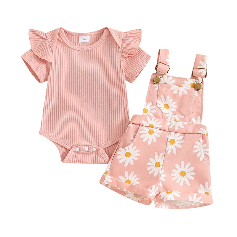 Pink Daisy Overalls Set featuring ribbed flutter-sleeve bodysuit and daisy-print overalls