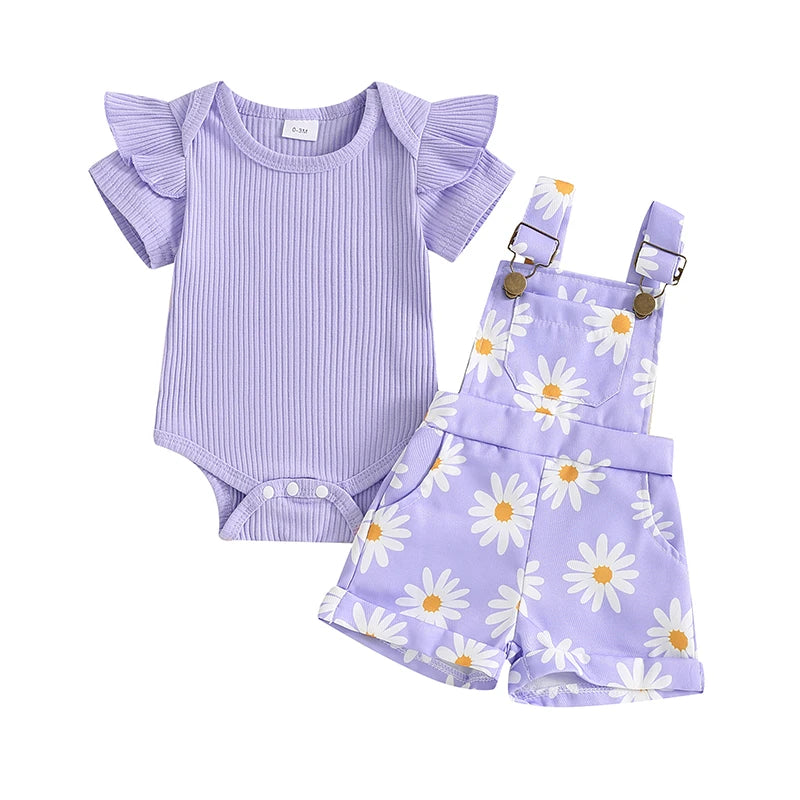 Daisy Overalls Set featuring ribbed bodysuit and daisy-print overalls