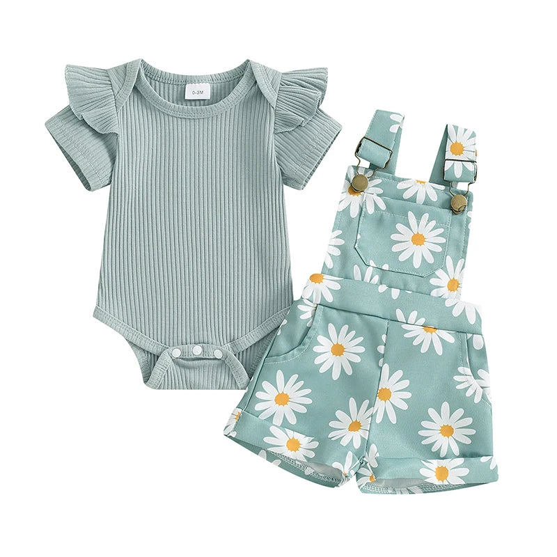 Daisy Overalls Set with ribbed flutter-sleeve bodysuit and daisy-print overalls in turquoise